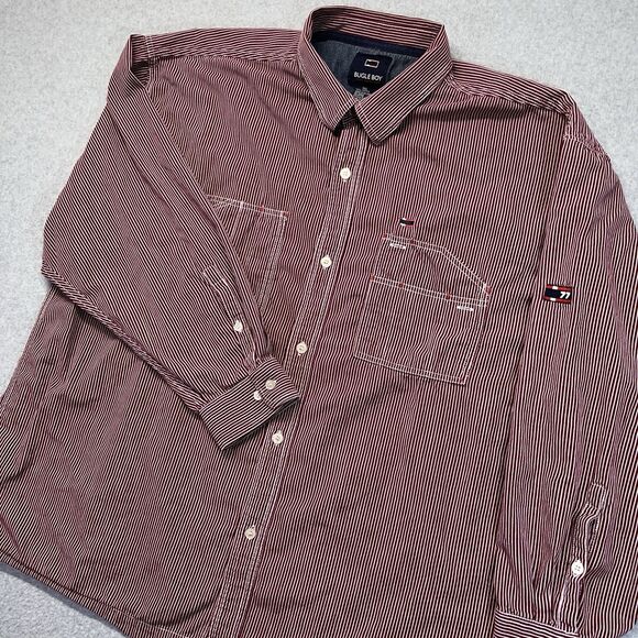 VTG Bugle Boy 77 Button Up Shirt Men 3XL Red White Pockets Striped Logo Y2K - Picture 2 of 12